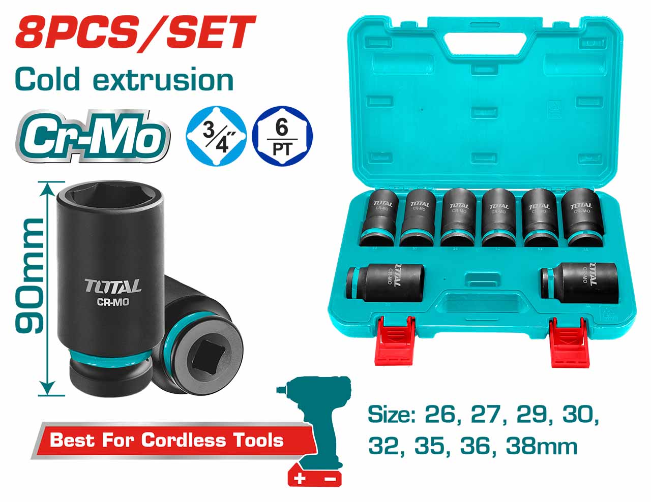 THKISD34082L 8 Pcs 3/4″ Dr. Deep Impact Socket Set | TOTAL Tools Malaysia